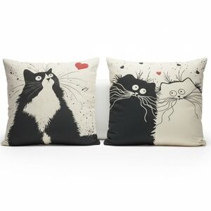 Cat Pillow Covers Set of 2 Whimsical Cartoon Cats Black & Beige Accent Decor 17"